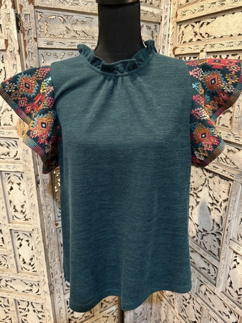 THML Teal Knit Top with Embroidered Flutter Sleeves Size Med